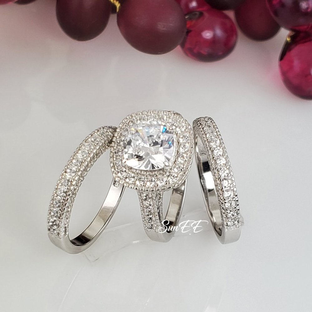 New 925 Halo Cushion Cut Wedding Rings Engagement Ring Set